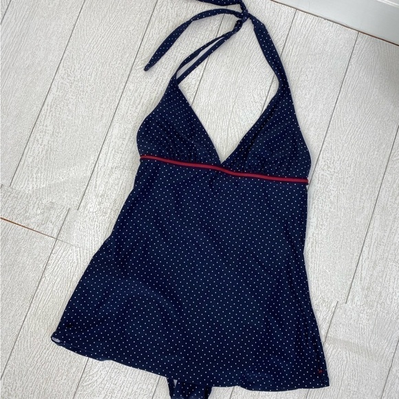Tommy Hilfiger Navy with white polka dot halter style one piece swimsuit size 8 - Picture 1 of 10